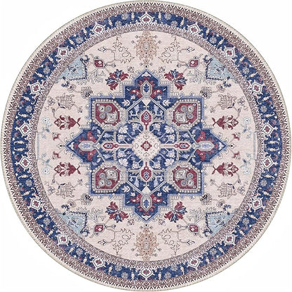 OPPODREAM Soft Round Rug 5ft, Washable Circle Rug 5ft with Non Slip Backing Play Room, Low-Pile Carpet 5 ft, Faux Cashmere Throw Carpet, Navy Blue & Red & Cream
