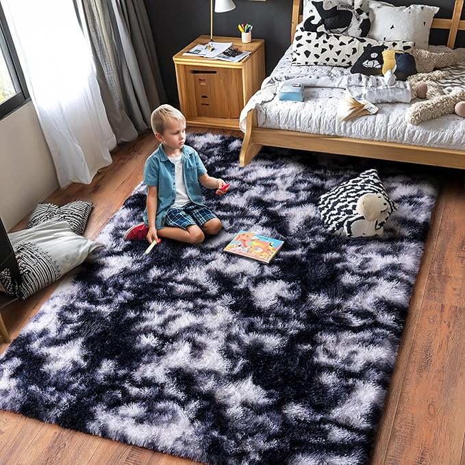 Rugs for Living Room 10x14, Soft Shaggy Modern Shag Area Rug for Bedroom, Upgrade Non-Slip Plush Fluffy Carpet for Kids Boys Girls Room Home Decor Aesthetic,Black and White