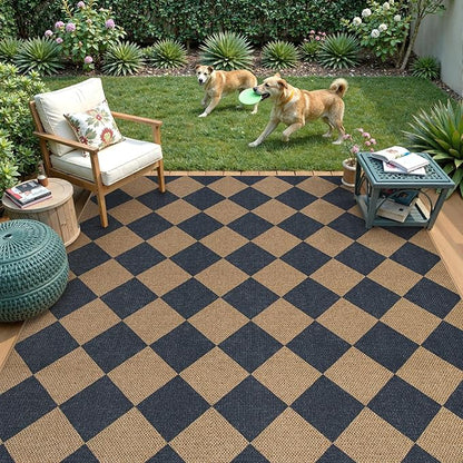 Lahome Colette Checkered Easy Jute Washable Rug, 5x7 Area Rugs for Living Room Nature Large Dining Room Carpet, Farmhouse Geometric Non Slip Indoor Outdoor Carpet for Office Bedroom Backyard Patio