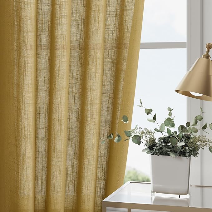 Nanspring Gold Linen Curtains Semi Sheer Gold 96 Inches Long 2 Panels Set for Living Room Back Tab Rod Pocket Light Filtering Drape for Bedroom Modern Farmhouse Coastal Decor Protect Privacy 52x96