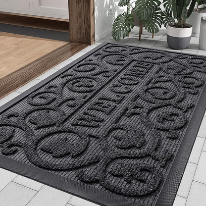 Smiry Welcome Door Mat Outside Entrance, Heavy Duty Trap Dirt and Moisture Easy Clean Low Profile Patio Porch Indoor Outdoor Front Doormat for Entry, 35x23 Inch, Grey