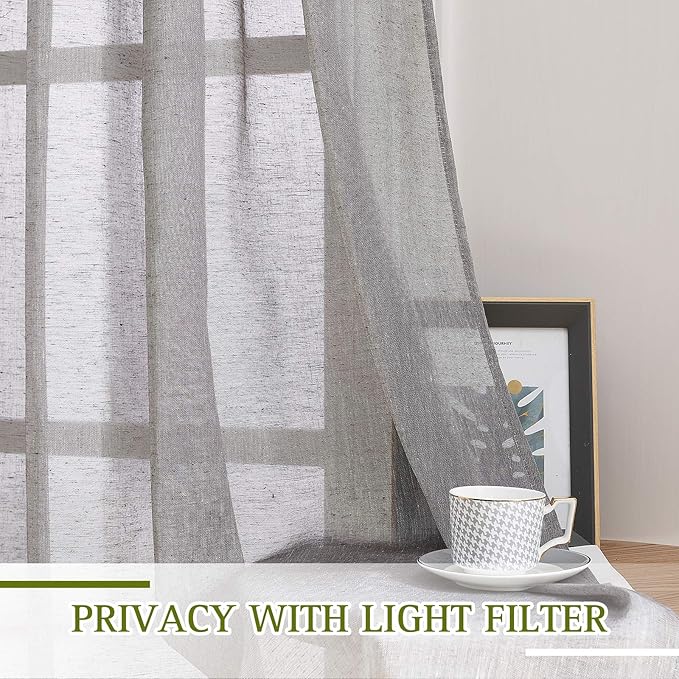 NICETOWN Faux Flax Linen Sheer Curtains 96 inch Long, Grommet Rustic Flax Semi Sheer Window Drapes with Light Filtering for Farmhouse/Patio Door, Charcoal, W70 x L96, Set of 2