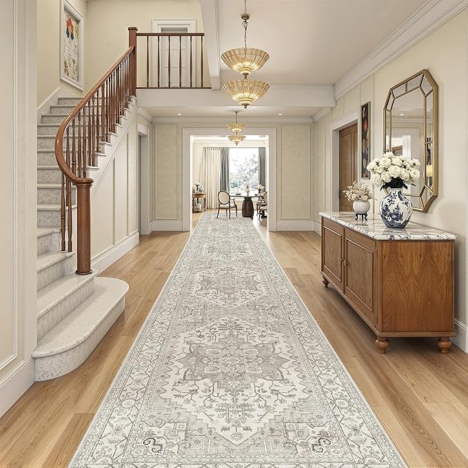 Madane Hallway Runner Rug 3x18 - Kitchen Rugs 18ft Washable Entryway Rug Vintage Kitchen Runners Non Slip Indoor Area Rug Farmhouse Carpet Runner for Bathroom Living Room Bedroom, Beige/Brown