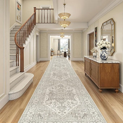 Madane Hallway Runner Rug 3x18 - Kitchen Rugs 18ft Washable Entryway Rug Vintage Kitchen Runners Non Slip Indoor Area Rug Farmhouse Carpet Runner for Bathroom Living Room Bedroom, Beige/Brown