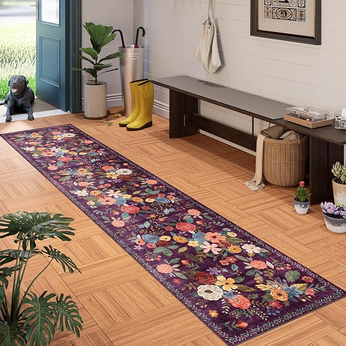 Floral Hallway Runner Carpet Non-Slip, 2x10 Washable Rug Ultra-Thin Soft for Hallways, Kitchen Mat Stain Resistant for Entryway Bathroom (2 x 10, Purple Lawn)
