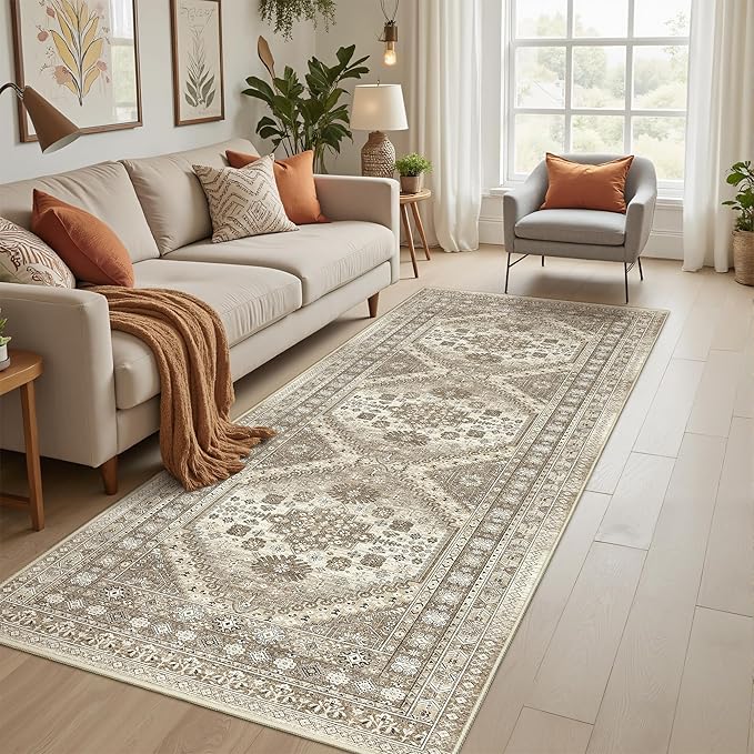 3x10 Runner Rug Non Slip Washable for Entryway, Front Porch, Vintage Hallway Runner for Laundry Room, Bedroom, Stain Resistant Thin Indoor Kitchen Mats for Floor(Brown,3'x10')