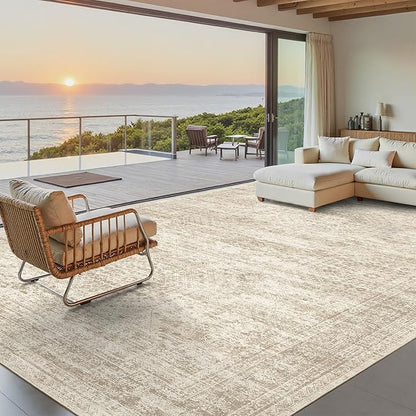9x12 Area Rugs for Living Room, Non Slip Machine Washable Vintage Rugs, Low Pile Lightweight Large Rug for Bedroom, Dining Room, Home Office Beige