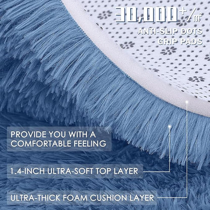OLANLY Blue Round Rugs for Bedroom - Machine Washable, 8 ft Circle Area Rugs for Living Room, Soft and Fluffy Shaggy Carpet for Teen Girl and Boys, Nursery Rooms, Dorms, Home Decor Aesthetic