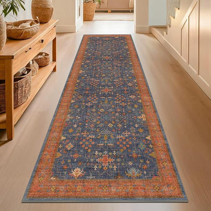 Washable 8 ft Long Runner for Kitchen Floor - Navy Blue Hallway Runner Rug, Pet Friendly Waterproof Non Slip with Rubber Backing, Stain Resistant Laundry Room Rug (2'6"x8' Navy Blue & Terracotta)