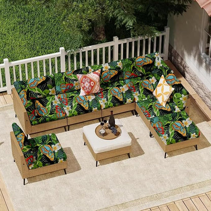 14Pcs Outdoor Cushion Covers, Patio Cushion Covers,Stretch Elastic Slipcovers, Replacement Washable & Reusable Furniture Protector for Patio Couch (Green and Lush,Cover Only)