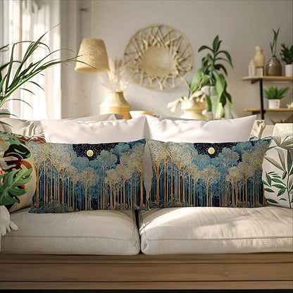 Rustic William Morris Inspired Forest Green Moon Decor Pillow Covers 12x20 Set of 2,Vintage Night Moon Botanical Nature Landscape Decorative Throw Pillow Covers for Home Bedroom Living Room