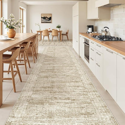 3x16 Washable Runner Rug for Hallway, Non-Slip Long Hallway Runner for Entryway, Soft Vintage Kitchen Mats for Floor, Abstract Dining Room, Bedroom, Living Room Rugs(3'x16', Brown/Ivory)
