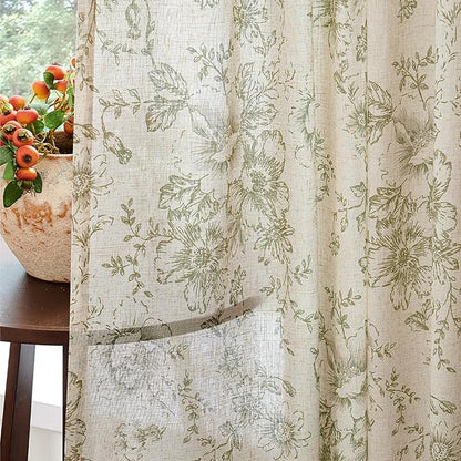 jinchan Linen Blend Floral Curtains for Living Room 54 Inch Length Farmhouse Printed Curtain Rod Pocket Back Tab Sage Green Peony Flower Patterned Drapes Bedroom Curtains Set 2 Panels