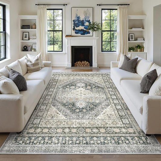 zesthome 8x10 Area Rugs for Living Room,Non-Slip Backing Washable Rugs,Vintage Large Area Rug，Stain Resistant Home Decor Rug (Wheat/Charcoal,8'x10')