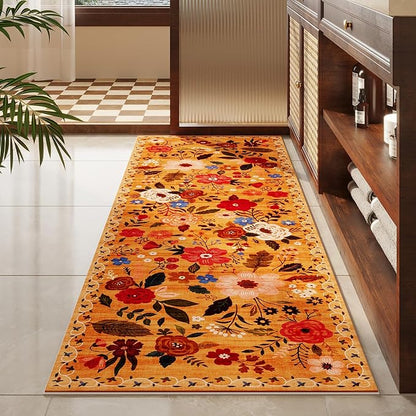 Rugcomf Runner Rug for Kitchen Rug Non Slip 2'x 6' Washable Rugs with Rubber Backing Soft Floral Carpet Runner for Hallways, Kitchen, Laundry, Bedroom, Bathroom(Yellow)