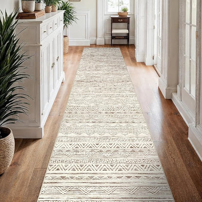 3x15 Washable Kitchen Runner Rug: Modern Moroccan Runners for Hallway Soft Non Slip Rugs with Rubber Backing Low Pile Thin Waterproof Floor Carpet for Entryway Bedroom Bathroom Indoor 3x15 Beige