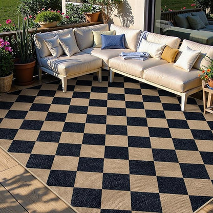 Lahome Colette Checkered Easy Jute Patio Rug, 6x9 Washable Indoor Outdoor Rug, Farmhouse Neutral Non Slip Non Shedding Low Pile Floor Carpet for Deck Living Dining Room Office Mudroom