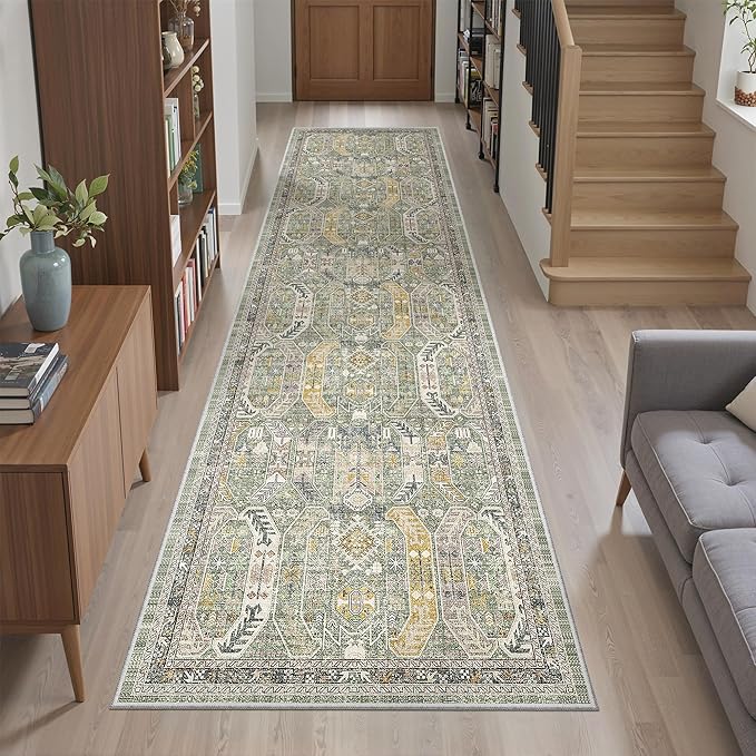 Madane Runner Rug 2x8, Washable Hallway Runner Rugs, Non-Slip Low-Pile Soft Kitchen Rug Runner Laundry Room Rug, Vintage Throw Entry Foyer Mat for Entrance Living Room (Green/Gold, 2 x 8)