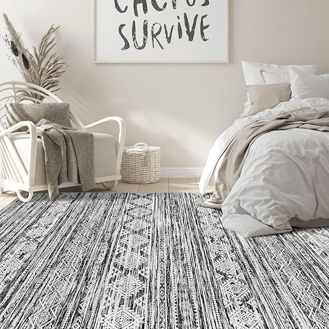 Nakagishi Bedroom Rug Area Rugs 4x6: Washable Boho Neutral Farmhouse Stain Resistant Moroccan Non-Slip Throw Carpet for Women Modern Home Enthusiast Aged 25-40 - Entryway Kitchen Bedside - Black White