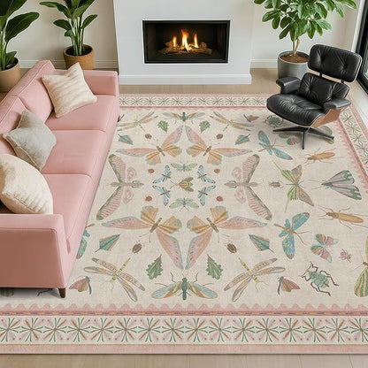 Pastel Pink Girls Rugs for Bedroom 6x8 - Washable Area Rug for Living Room, Dining Room Under Table, Boho Butterfly Cut Design, Low Pile & Soft Stain Resistant Carpet