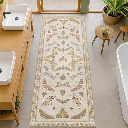 Hazo Haus Boho 2x5 Long Bathroom Rug - Laundry Room Rug Runner for Kitchen, Washable Non Slip Soft Stain Reistant Beige and Yellow Neutral Insect Design Decor