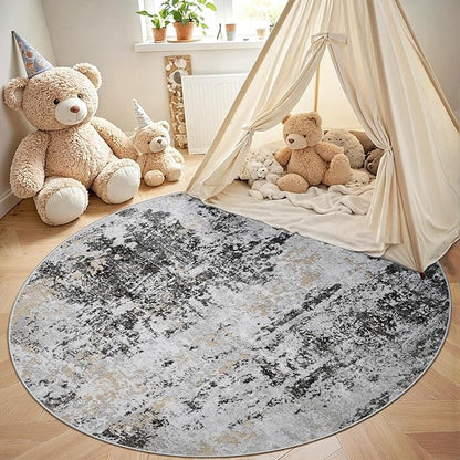 Round Rug 6ft Circle Rug Washable: Carpet Small Circular Area Rug for Entryway Kitchen Bedroom Dining Room Living Room 6 Feet Abstract College Dorm Non Slip Low Pile Black Grey Gold