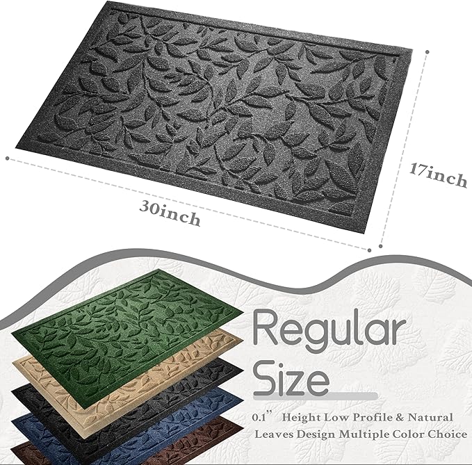 Grey Leaves Outdoor Indoor Entrance Doormats, Absorbent Durable Heavy Duty Welcome Front Door Mat,Thick Natural Rubber Back,Easy Clean Entryway Mat 17x30 Inch, Low Profile