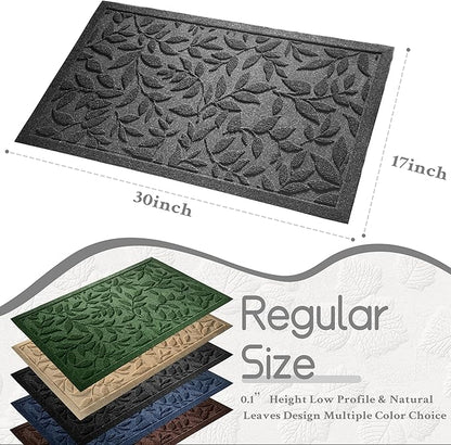 Grey Leaves Outdoor Indoor Entrance Doormats, Absorbent Durable Heavy Duty Welcome Front Door Mat,Thick Natural Rubber Back,Easy Clean Entryway Mat 17x30 Inch, Low Profile
