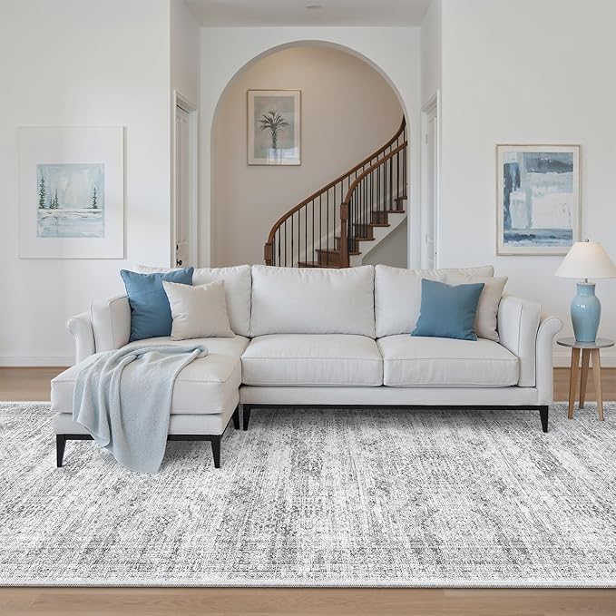 Soalmost 4x12 Wide Hallway Runners: Washable 12ft Runner Rug for Entryway Living Room Soft Vintage Non Slip Carpet Runner for Kitchen Dining Room Nursery Bedroom (Grey, 4x12ft)