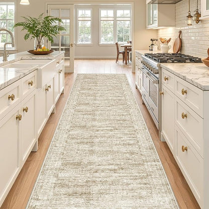 Washable Runner Rug 2.5x12, Non-Slip Long Bathroom Rugs Runner for Kitchen, Living Room, Bedroom, Soft Vintage Washable Rug for Entryway, Thin Floor Mat for Dining Room(2.5'x12', Brown/Ivory)