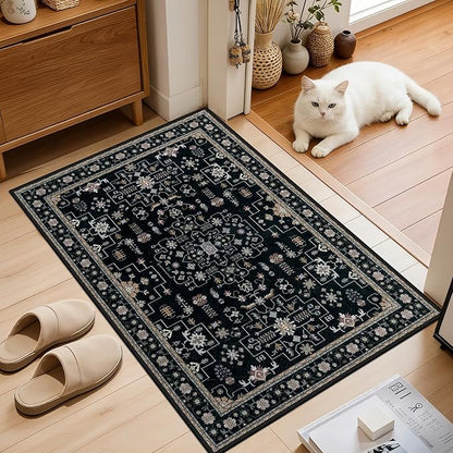 2x3 Area Rugs Living Room Rug: Washable Vintage Boho Medallion Rug No Slip Stain Resistant Soft Carpet Indoor Floor Large Carpets for Bedroom Dining Room Farmhouse Nursery Hallway Home Office Black