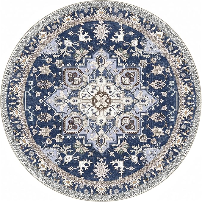 OPPODREAM Soft Round Rug 6ft, Washable Circle Rug 6ft with Non Slip Backing Play Room, Low-Pile Carpet 6 ft, Faux Cashmere Throw Carpet, Navy Blue & Gold