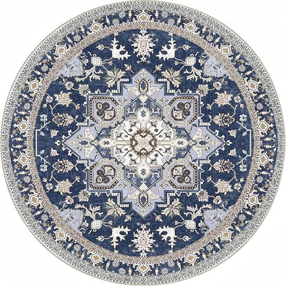 OPPODREAM Soft Round Rug 6ft, Washable Circle Rug 6ft with Non Slip Backing Play Room, Low-Pile Carpet 6 ft, Faux Cashmere Throw Carpet, Navy Blue & Gold