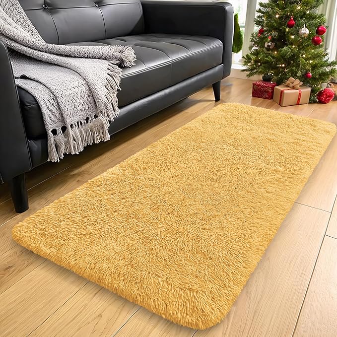 OLANLY 2x8 Machine Washable Runner Rugs for Hallway, Soft Fluffy Shaggy Bedside Rugs for Bedroom, Living Room, Indoor Floor Carpet for Kids Girls and Boys, Home Decor Aesthetic, Mustard Yellow