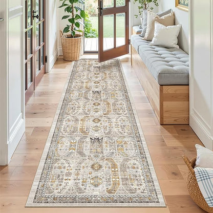 Madane Runner Rug 2x8, Washable Hallway Runner Rugs, Non-Slip Low-Pile Soft Kitchen Rug Runner Laundry Room Rug, Vintage Throw Entry Foyer Mat for Entrance Living Room (Brown/Gold, 2 x 8)
