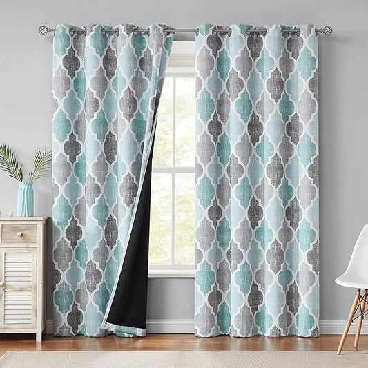 Beauoop 100% Blackout Curtains 90 Inches Long 2 Panels for Bedroom Living Room Aqua Grey Moroccan Geo Room Darkening Thermal Insulated Soundproof Grommet Top Window Treatments Drapes, 50x90 Set of 2