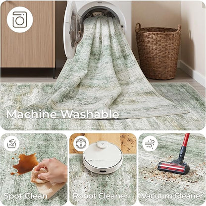 Long Rugs Runner - Washable Runner Rugs for Hallway 2x10, Ultra-Thin Soft Kitchen Carpet Runner, Anti Slip Backing Runner Rugs for Entrance, Bedroom, Living Room(2'x10', Green/Yellow/Ivory)