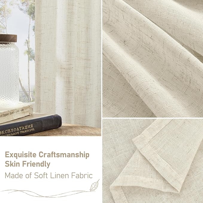 LAMIT Short Linen Kitchen Window Curtains 36 Inch Length, Over Sink Semi Sheer Light Filtering Panels Back Tab and Rod Pocket Drapes for Basement Bathroom Window, 2 Panels, Cream Ivory，34 x 36 Inch