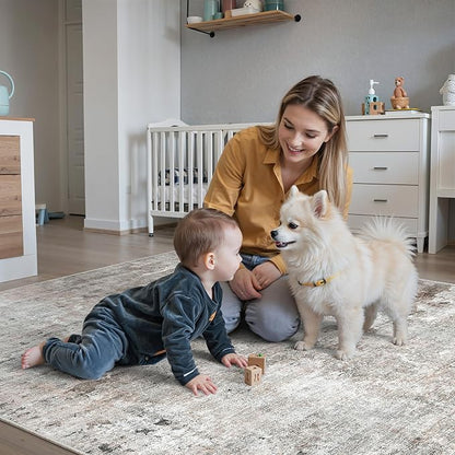 Abstract Rug 8x10 Large Living Room Rugs Neutral Modern Washable Area Rugs for Bedroom Dining Room Non-Slip Stain Resistant Foldable Thin Rug Grey Pink