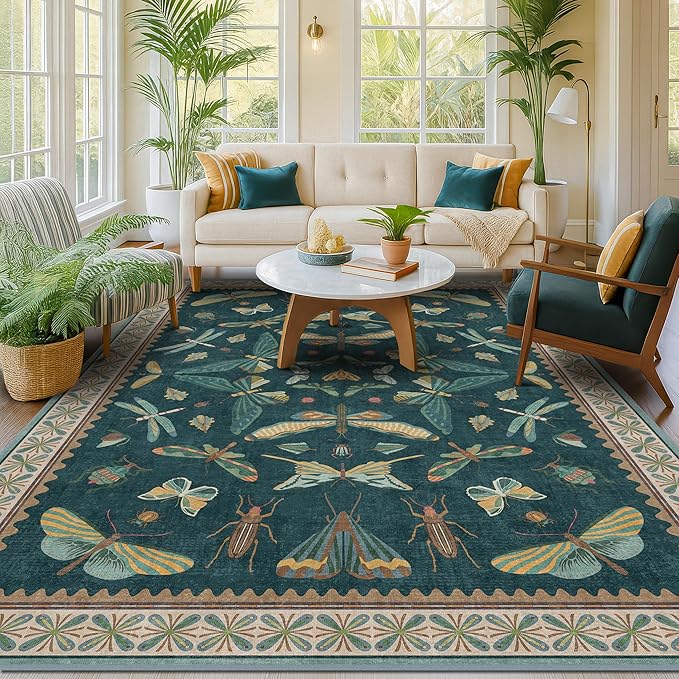 Hazo Haus Oriental Blue and Green Area Rugs for Living Room 6x9 - Insect & Butterfly Dining Table Rug, Bedroom Boys, Washable Non Skid Rubber Backed, Vintage Funky Home Décor