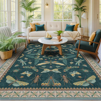 Hazo Haus Oriental Blue and Green Area Rugs for Living Room 6x9 - Insect & Butterfly Dining Table Rug, Bedroom Boys, Washable Non Skid Rubber Backed, Vintage Funky Home Décor