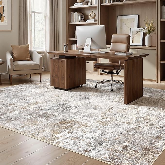 UERMEI 7x10 Area Rug Living Room Rugs - Washable Neutral Modern Abstract Soft Thin Large Rug Indoor Floor No Slip Rug Carpet for Bedroom Under Dining Table Home Office Decor - Brown Grey