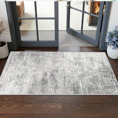 Washable 2x5 Hallway Runner Rug: Indoor Abstract Water Resistant Kitchen Entryway Rug Soft Living Room Bedroom Carpet Thin Low Pile Non Slip Floor Mat for Bathroom Laundry Room(2X5，Light/Grey)