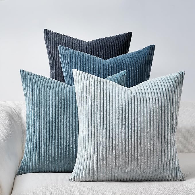 Topfinel Decorative Throw Pillow Covers Aque Teal Blue Gray Series,Summer Corduroy Striped Toss Pillows for Couch,Patio,Balcony,Children Bedroom,Modern Fluffy Blue Gradient Shams 20x20 Inch Set of 4
