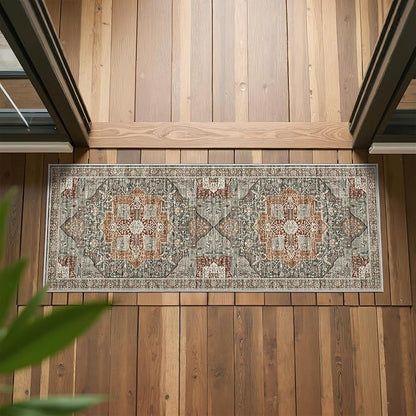 Runner Rug 2x6, Non Slip Washable Rugs for Laundry Room, Runners for Hallways, Low Pile Vintage Soft Rugs for Living Room, Kitchen Bathroom,Bedroom Rug(Grey/Brown/Tan,2'x6')