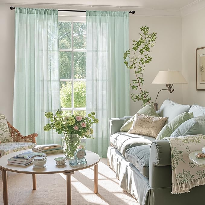 BGment Light Green Linen Semi Sheer Curtains 84 Inches Long for Living Room - Spring Boho Sage Drapes Light Filtering Window Treatments Decor with Rod Pocket for Dining Bedroom, 2 Panels, 52 X 84 Inch