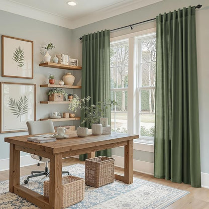 Nanspring Forest Green Linen Curtains for Living Room 120 Inches Long Light Filtering Semi Sheer Curtain Back Tab Wabi Sabi Boho Decor Floor to Ceiling High Window for Bedroom Office 52x120, 2 Panels