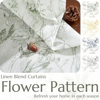 jinchan Floral Curtains 96 Inches Long Sage Green Flower Linen Farmhouse Curtain for Living Room French Country Vintage Curtain Rod Pocket Curtains Set 2 Panels Floral Printed