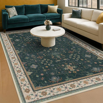 Hazo Haus Vintage Dark Green 6x9 Dining Room Rugs for Under Kitchen Table - Washable Livinig Room Rug - Unique Floral Pastel Low Pile Non-Slip Large Area Rugs for Bedroom
