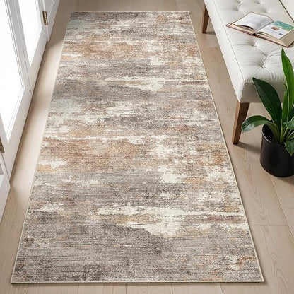 2x5 Washable Kitchen Runner Rug: Modern Abstract Runners for Hallway Soft Non Slip Rugs with Rubber Backing Low Pile Thin Floor Carpet for Entryway Bedroom Bathroom Bedside Indoor(Brown/Brick,2x5)